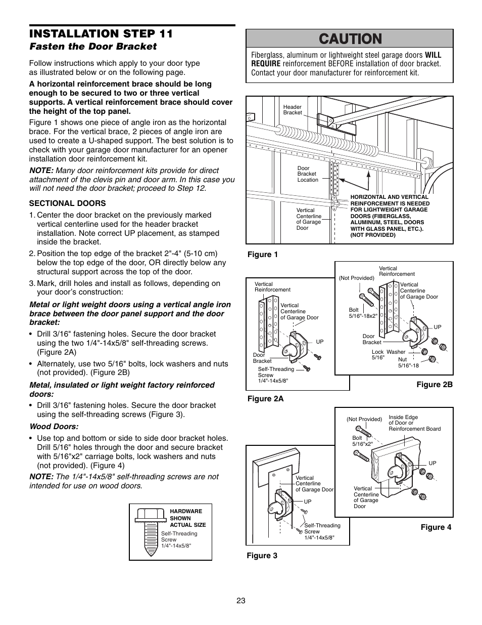 Fasten the door bracket, Installation step 11 | Chamberlain SECURITY HD200DM User Manual | Page 23 / 40