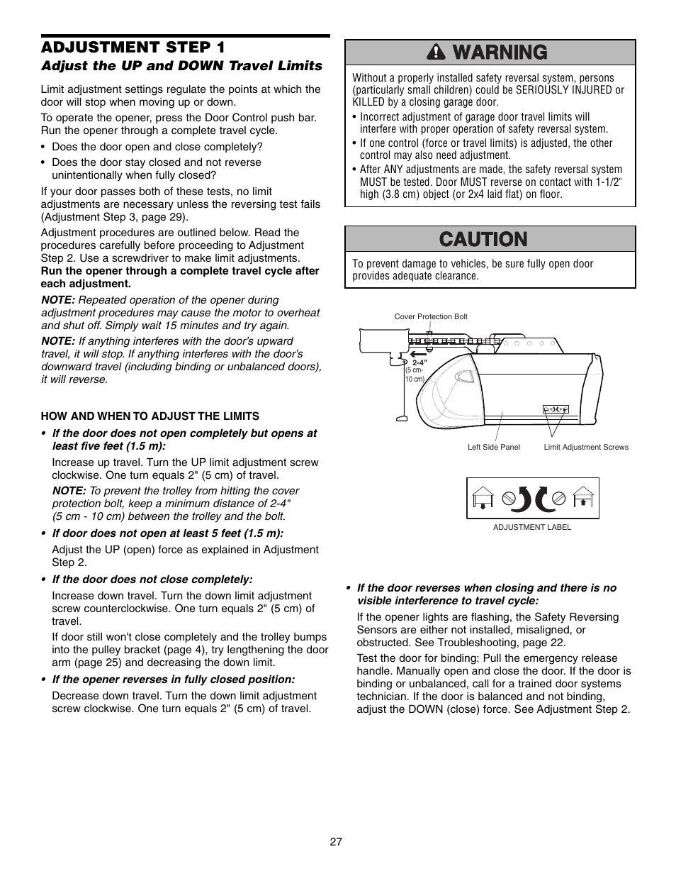 Adjustment, Adjust the up and down travel limits, Adjustment step 1 | Chamberlain SECURITY HD200DM User Manual | Page 27 / 40