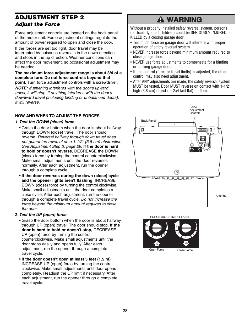 Adjust the force, Adjustment step 2 | Chamberlain SECURITY HD200DM User Manual | Page 28 / 40