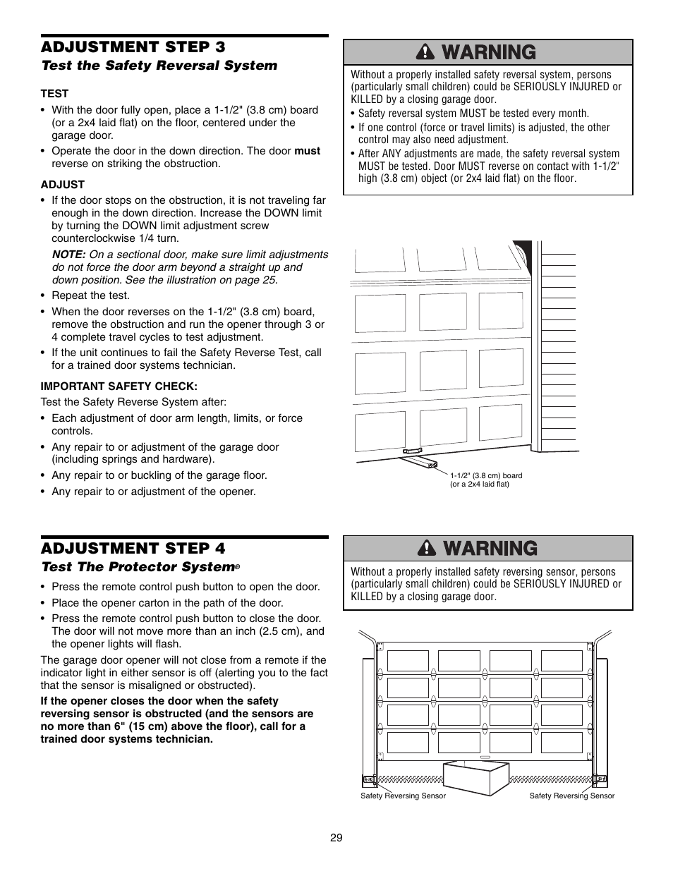 Test the safety reversal system, Test the protector system, Adjustment step 3 | Adjustment step 4 | Chamberlain SECURITY HD200DM User Manual | Page 29 / 40