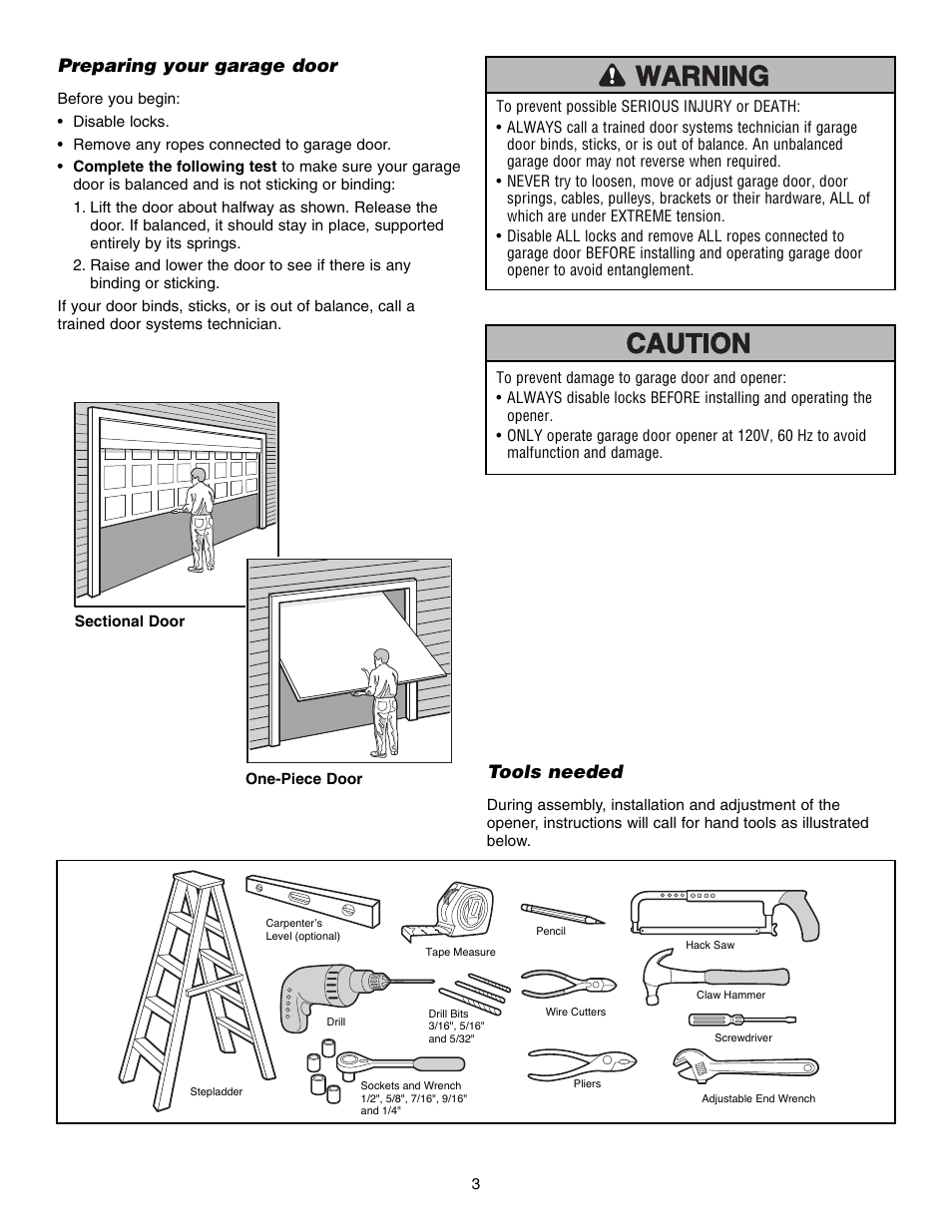 Preparing your garage door, Tools needed | Chamberlain SECURITY HD200DM User Manual | Page 3 / 40