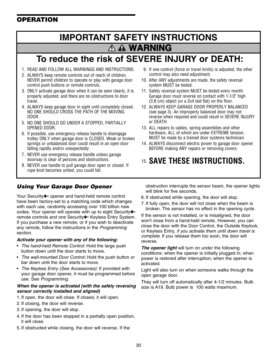 Operation, Using your garage door opener, Save these instructions | Chamberlain SECURITY HD200DM User Manual | Page 30 / 40