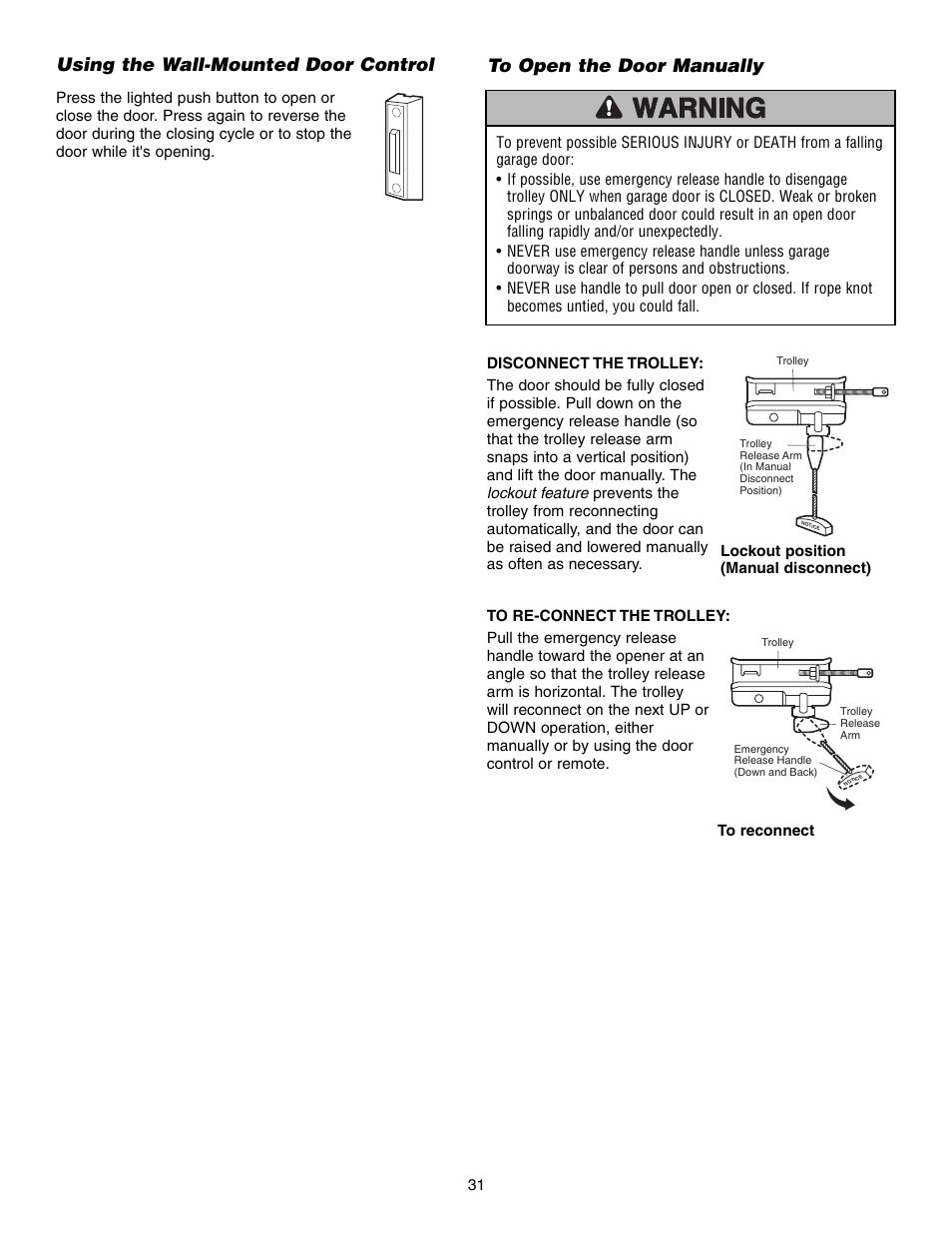 Using the wall-mounted door control, To open the door manually | Chamberlain SECURITY HD200DM User Manual | Page 31 / 40