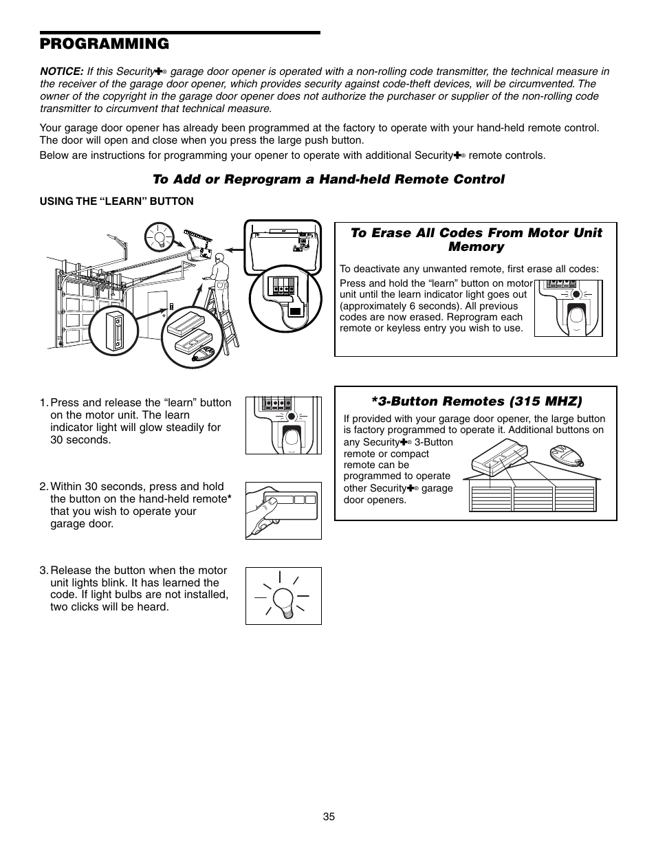 Programming, To add or reprogram a hand-held remote control, Button remotes (315 mhz) | Chamberlain SECURITY HD200DM User Manual | Page 35 / 40