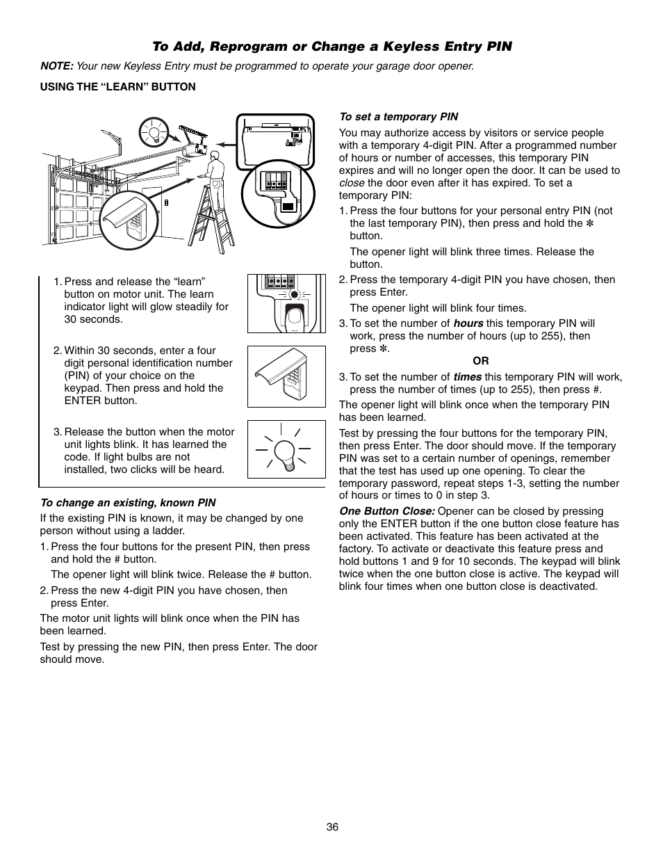 To add, reprogram or change a keyless entry pin | Chamberlain SECURITY HD200DM User Manual | Page 36 / 40