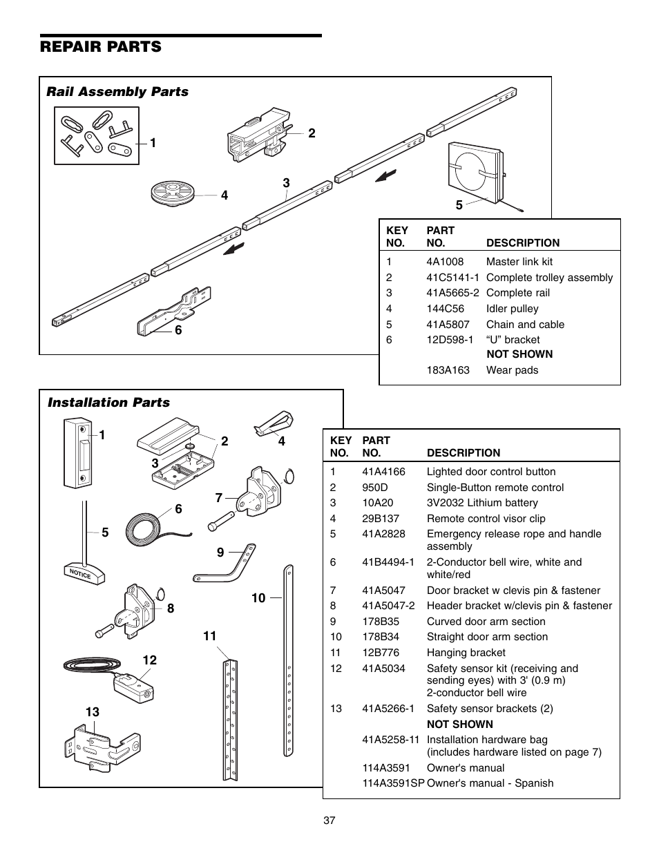 Repair parts, Rail assembly parts, Installation parts | Chamberlain SECURITY HD200DM User Manual | Page 37 / 40