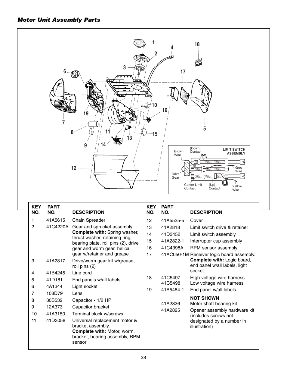 Motor unit assembly parts | Chamberlain SECURITY HD200DM User Manual | Page 38 / 40