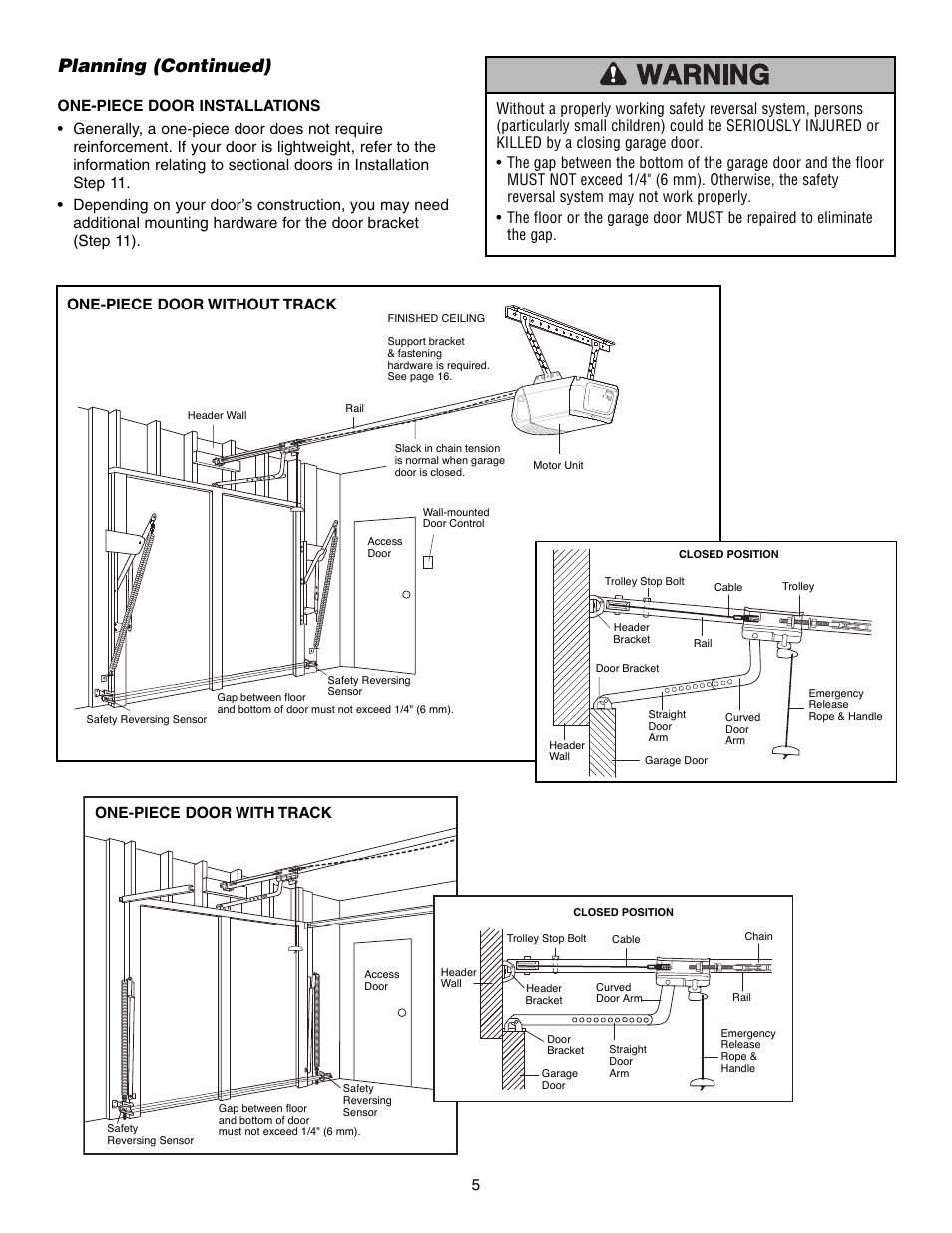 Planning (continued), One-piece door without track | Chamberlain SECURITY HD200DM User Manual | Page 5 / 40