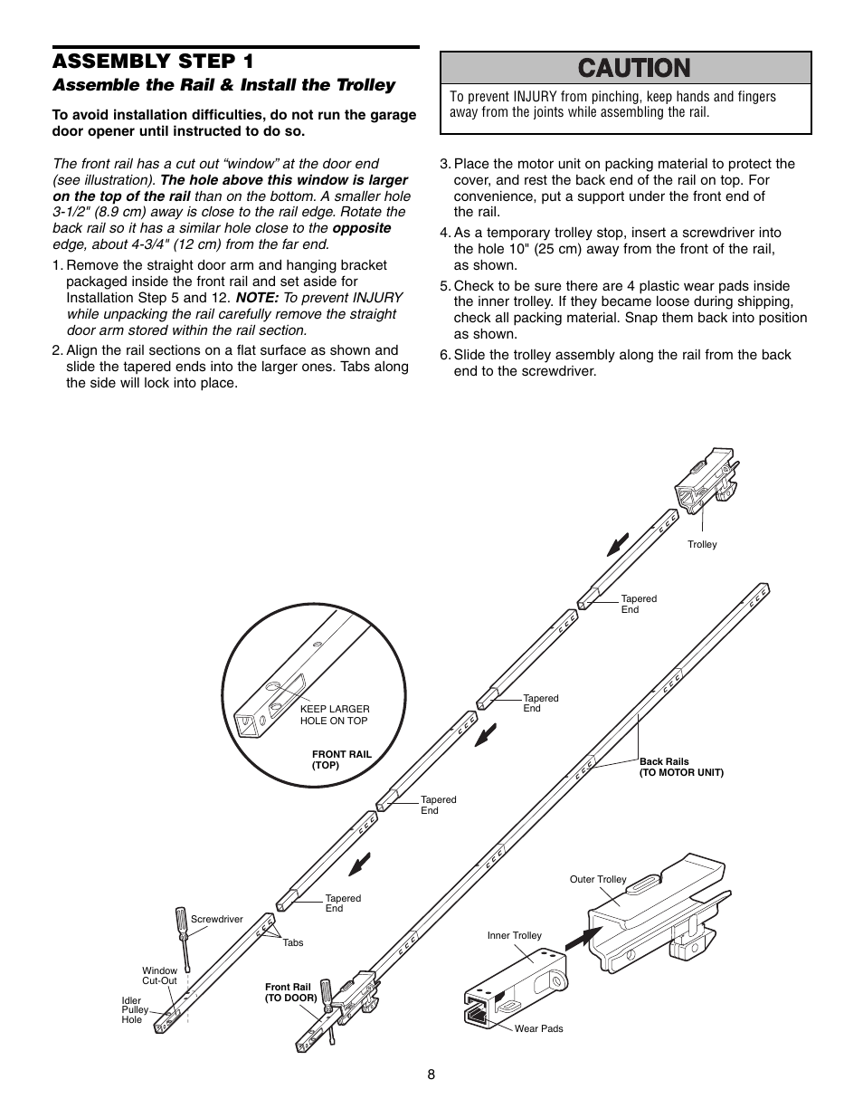 Assembly, Assemble the rail & install the trolley, Assembly step 1 | Chamberlain SECURITY HD200DM User Manual | Page 8 / 40