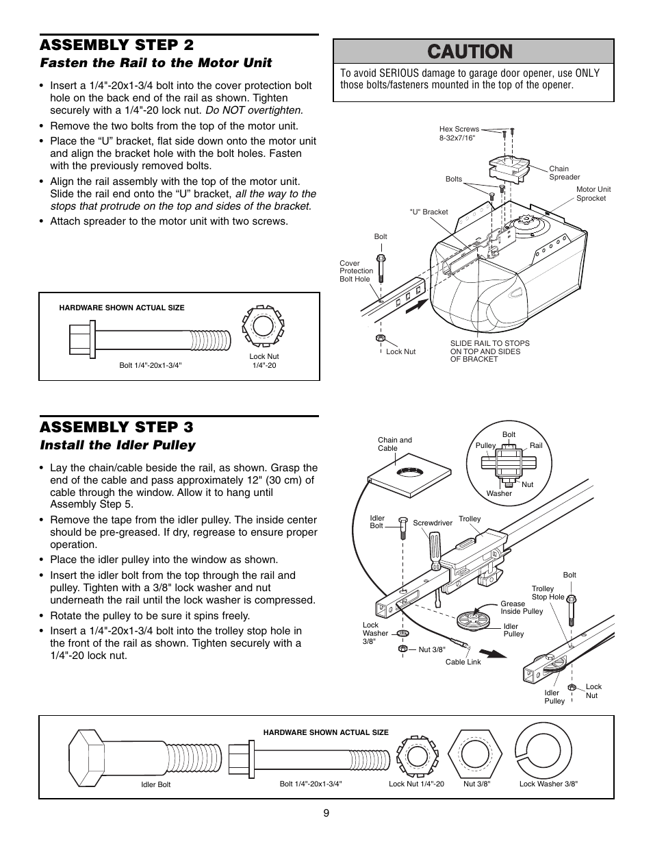 Fasten the rail to the motor unit, Install the idler pulley, Assembly step 2 | Assembly step 3 | Chamberlain SECURITY HD200DM User Manual | Page 9 / 40