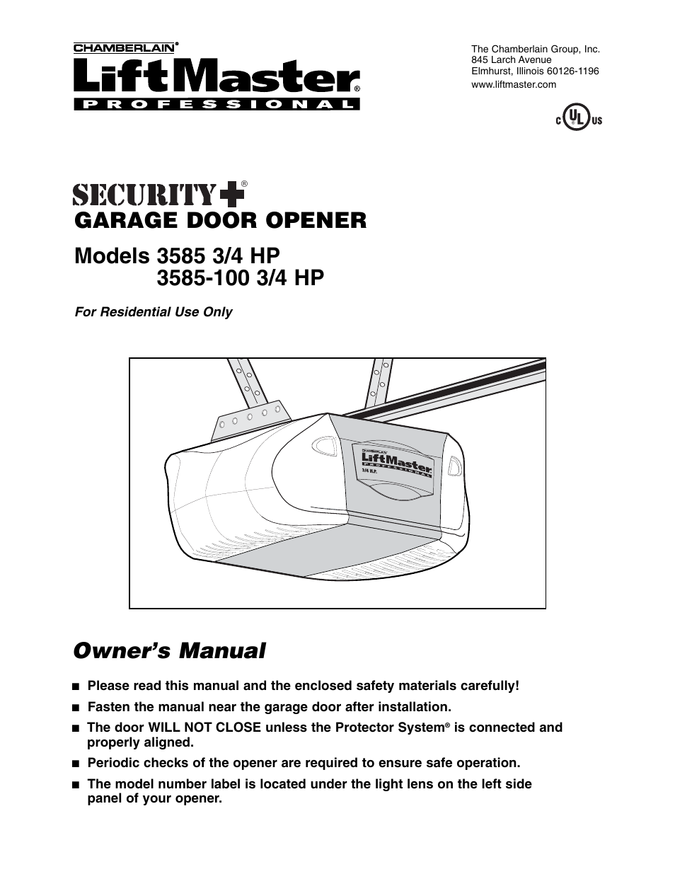 Chamberlain 3585-100 3/4 HP User Manual | 36 pages