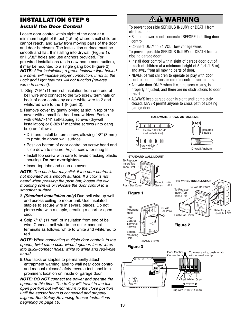 Step 6 install the door control, Warning caution warning warning, Installation step 6 | Install the door control | Chamberlain 3585-100 3/4 HP User Manual | Page 13 / 36