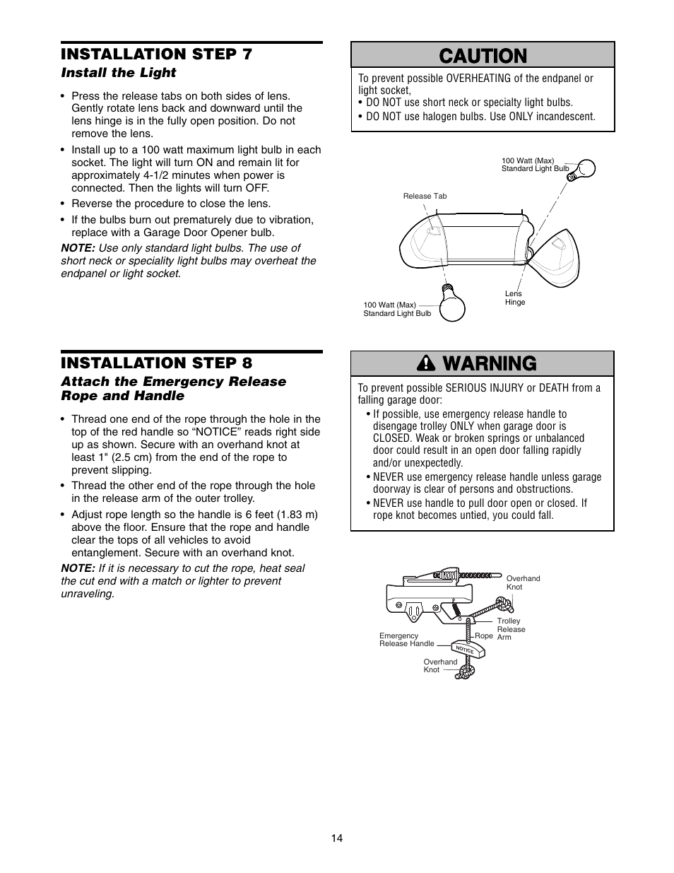 Step 7 install the light, Warning caution warning warning, Installation step 7 | Installation step 8 | Chamberlain 3585-100 3/4 HP User Manual | Page 14 / 36