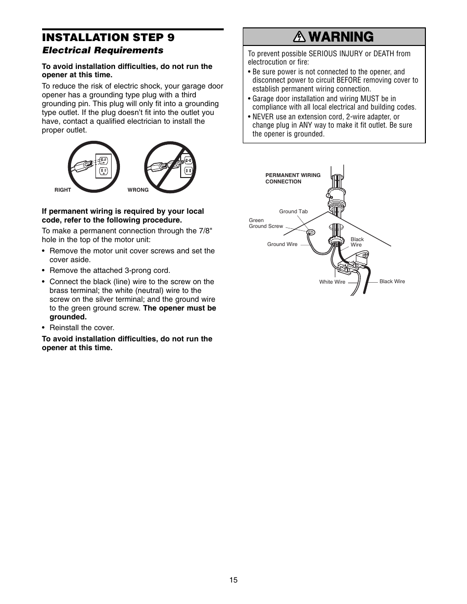 Step 9 electrical requirements, Warning caution warning warning, Installation step 9 | Chamberlain 3585-100 3/4 HP User Manual | Page 15 / 36