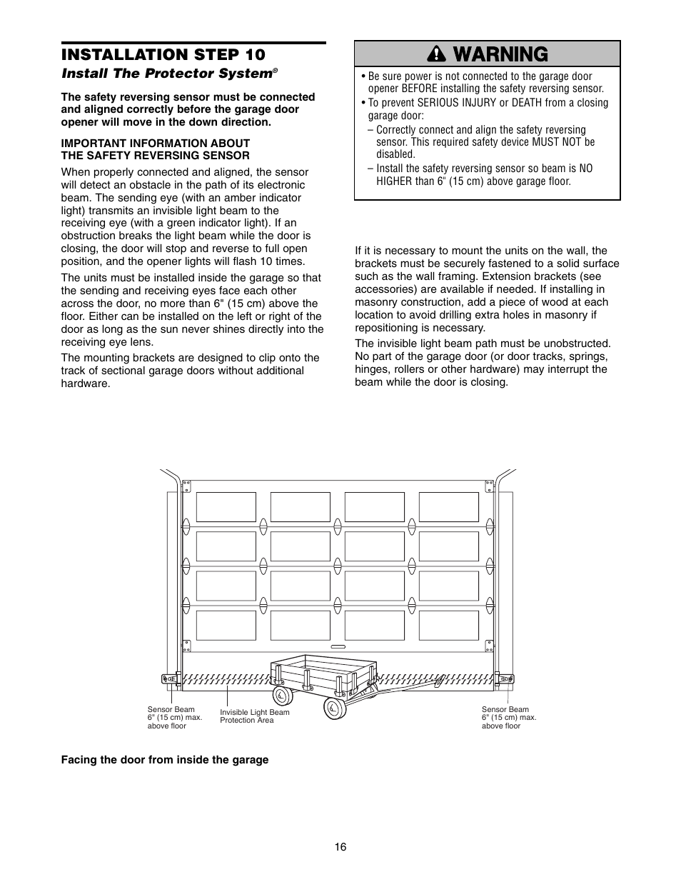 Step 10 install the protector system, Warning caution warning warning, Installation step 10 | Chamberlain 3585-100 3/4 HP User Manual | Page 16 / 36