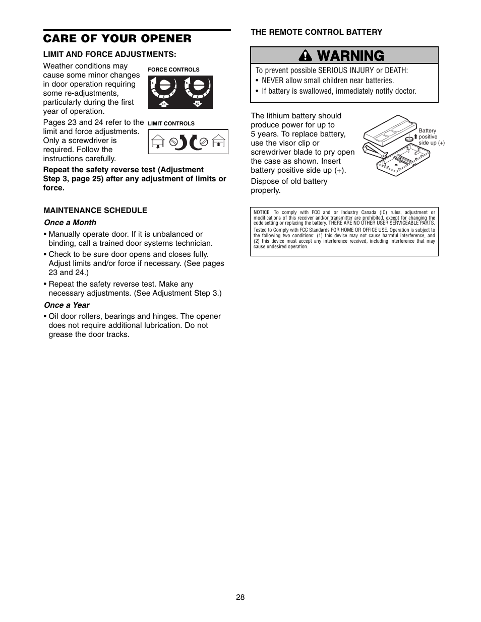Care of your opener, Warning caution warning warning | Chamberlain 3585-100 3/4 HP User Manual | Page 28 / 36