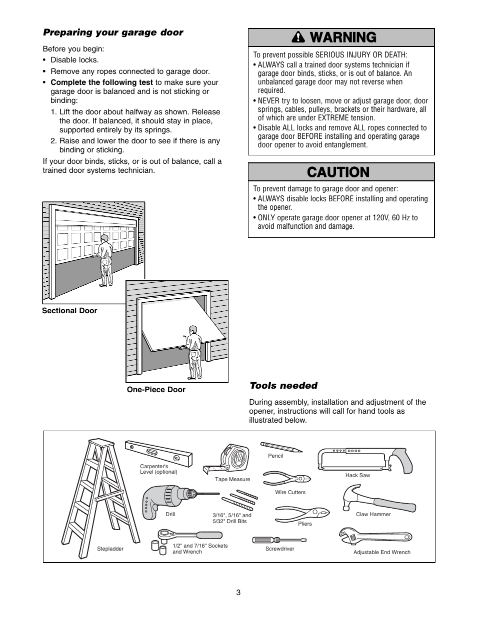 Preparing your garage door, Tools needed | Chamberlain 3585-100 3/4 HP User Manual | Page 3 / 36