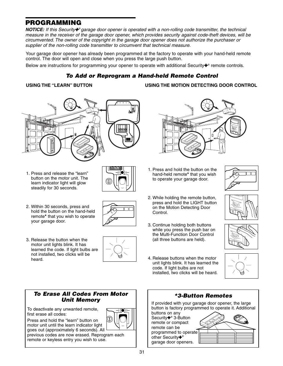 Programming, To add or reprogram a hand-held remote control, To erase all codes from motor unit memory | Button remotes | Chamberlain 3585-100 3/4 HP User Manual | Page 31 / 36