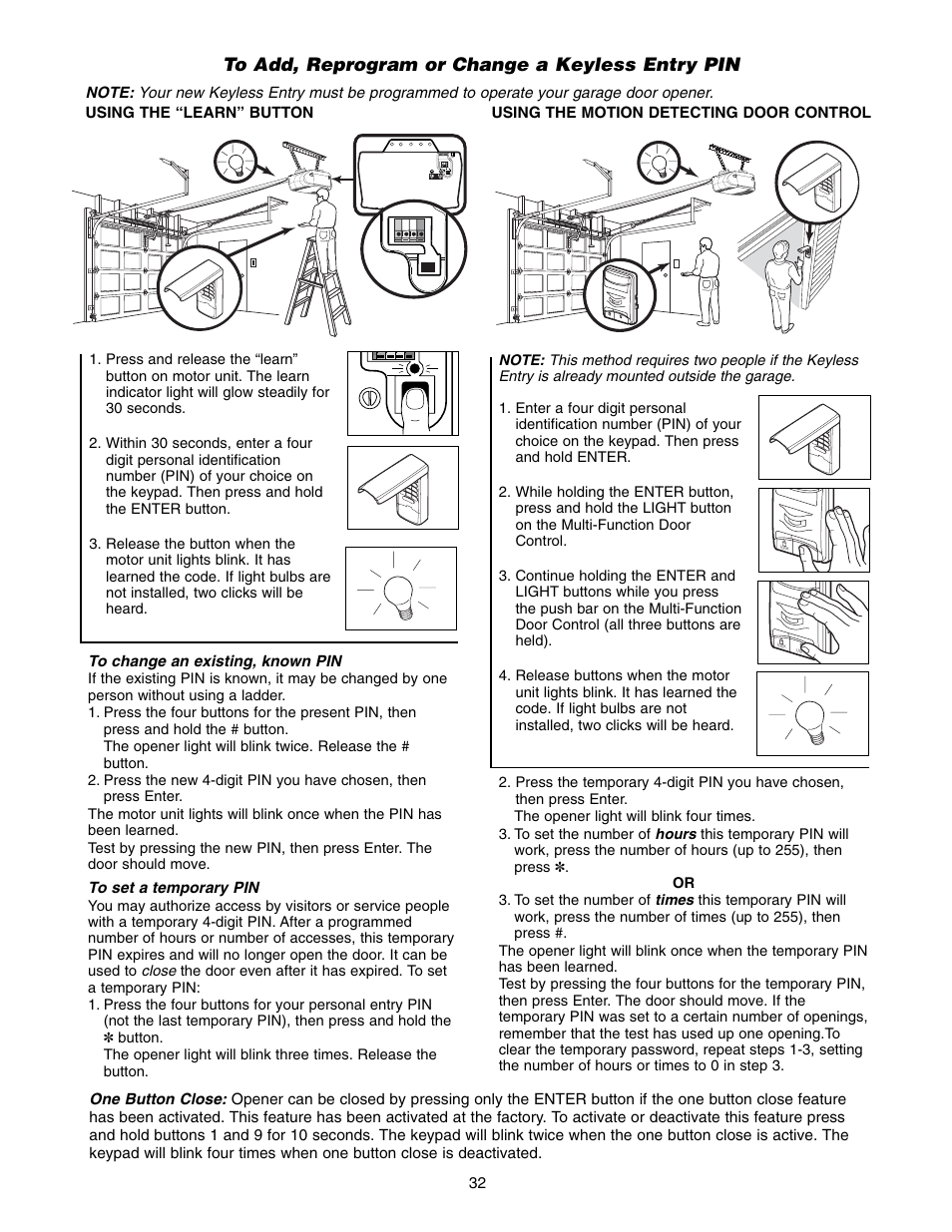 To add, reprogram or change a keyless entry pin | Chamberlain 3585-100 3/4 HP User Manual | Page 32 / 36