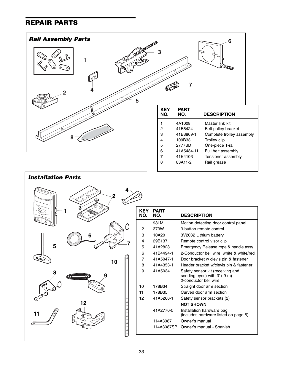 Repair parts, Rail assembly parts, Installation parts | Chamberlain 3585-100 3/4 HP User Manual | Page 33 / 36