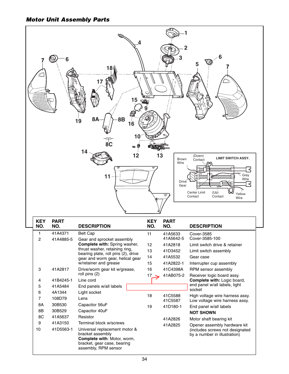 Motor unit assembly parts | Chamberlain 3585-100 3/4 HP User Manual | Page 34 / 36