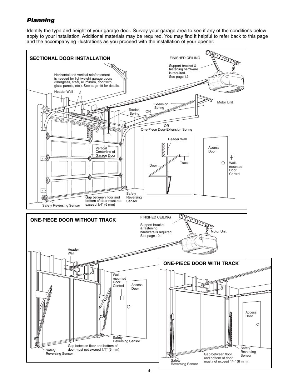 Planning, One-piece door without track 4, One-piece door with track | Chamberlain 3585-100 3/4 HP User Manual | Page 4 / 36