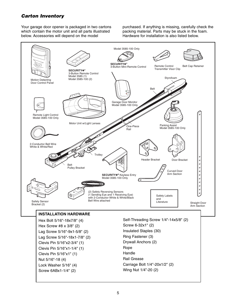 Carton inventory | Chamberlain 3585-100 3/4 HP User Manual | Page 5 / 36