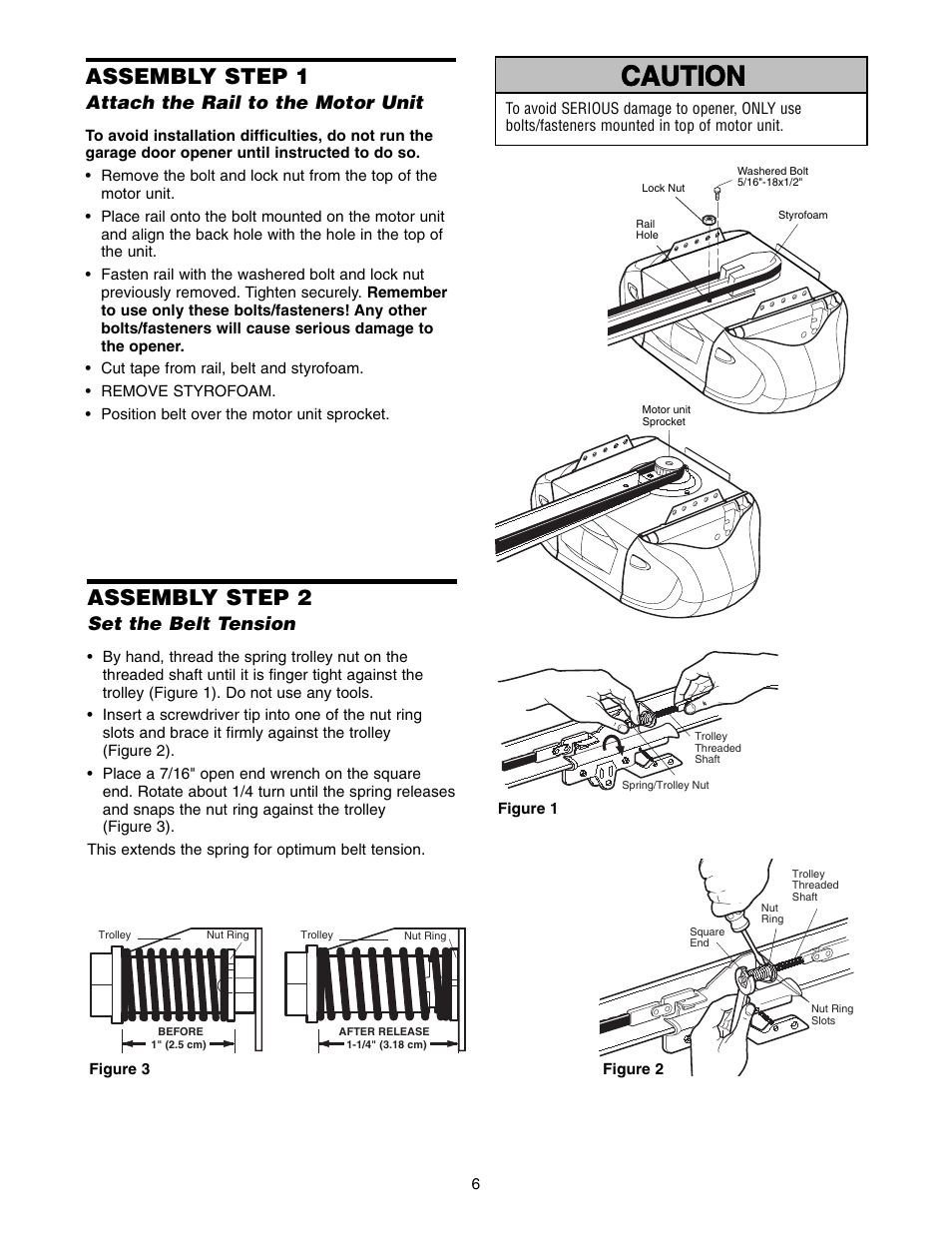 Assembly, Step 1 attach the rail to the motor unit, Step 2 set the belt tension | Warning caution warning warning, Assembly step 1, Assembly step 2, Attach the rail to the motor unit, Set the belt tension | Chamberlain 3585-100 3/4 HP User Manual | Page 6 / 36