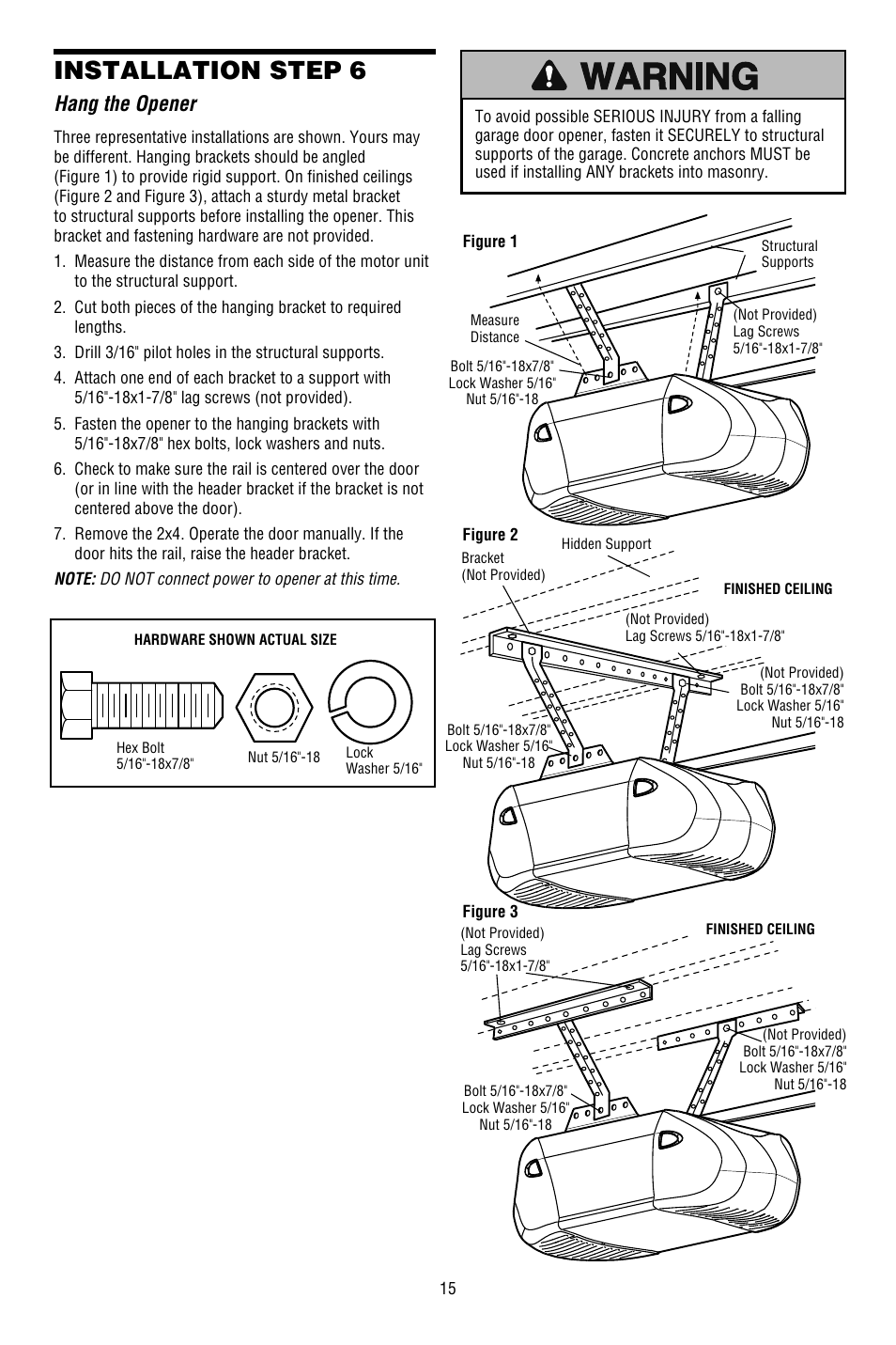 Hang the opener, Installation step 6 | Chamberlain 3130M 1/3 HP User Manual | Page 15 / 36