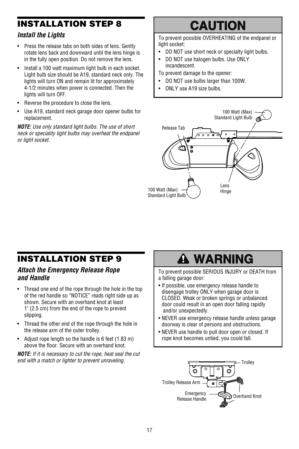 Install the lights, Attach the emergency release rope and handle, Installation step 8 | Installation step 9 | Chamberlain 3130M 1/3 HP User Manual | Page 17 / 36