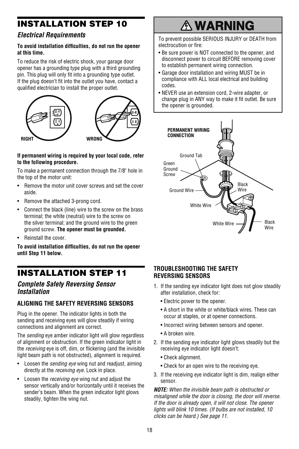 Electrical requirements, Complete safety reversing sensor installation, Installation step 10 | Installation step 11 | Chamberlain 3130M 1/3 HP User Manual | Page 18 / 36