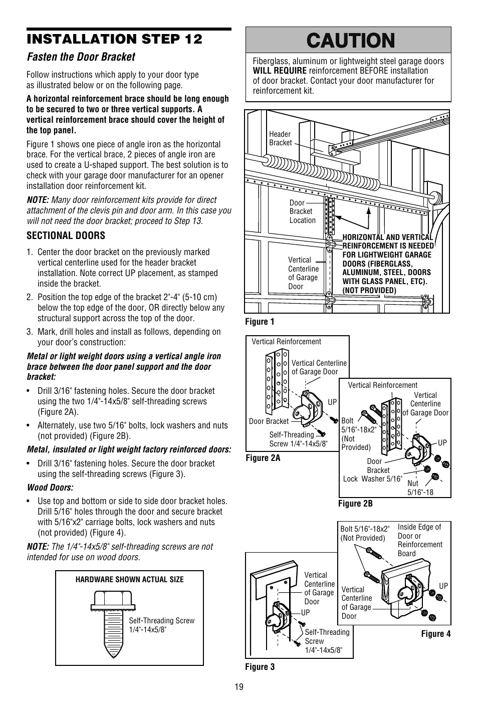 Fasten the door bracket, Installation step 12 | Chamberlain 3130M 1/3 HP User Manual | Page 19 / 36