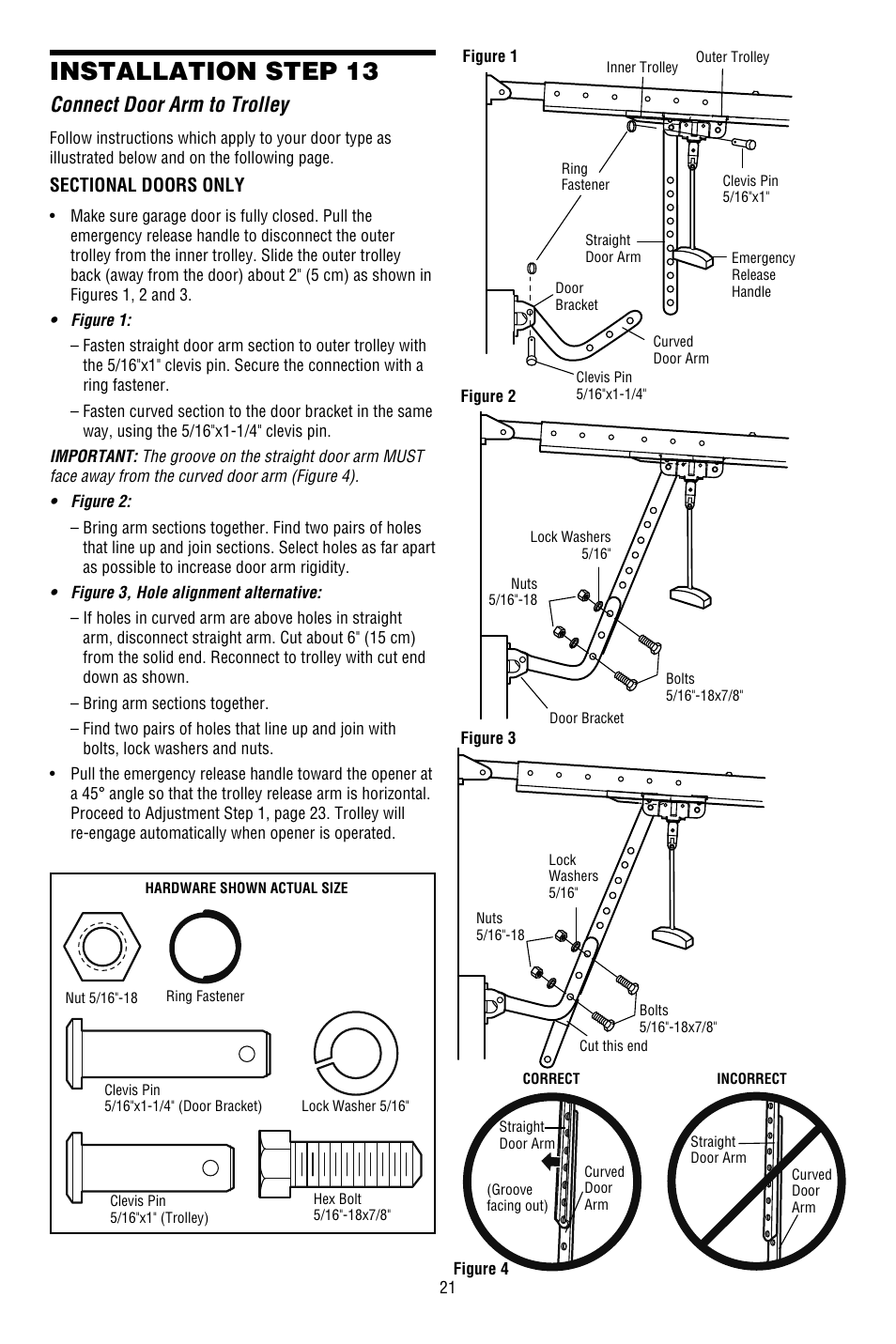 Connect door arm to trolley, Installation step 13 | Chamberlain 3130M 1/3 HP User Manual | Page 21 / 36