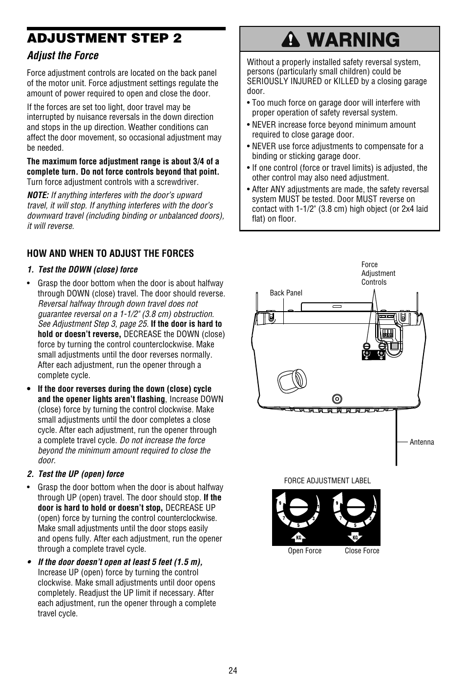 Adjust the force, Adjustment step 2 | Chamberlain 3130M 1/3 HP User Manual | Page 24 / 36