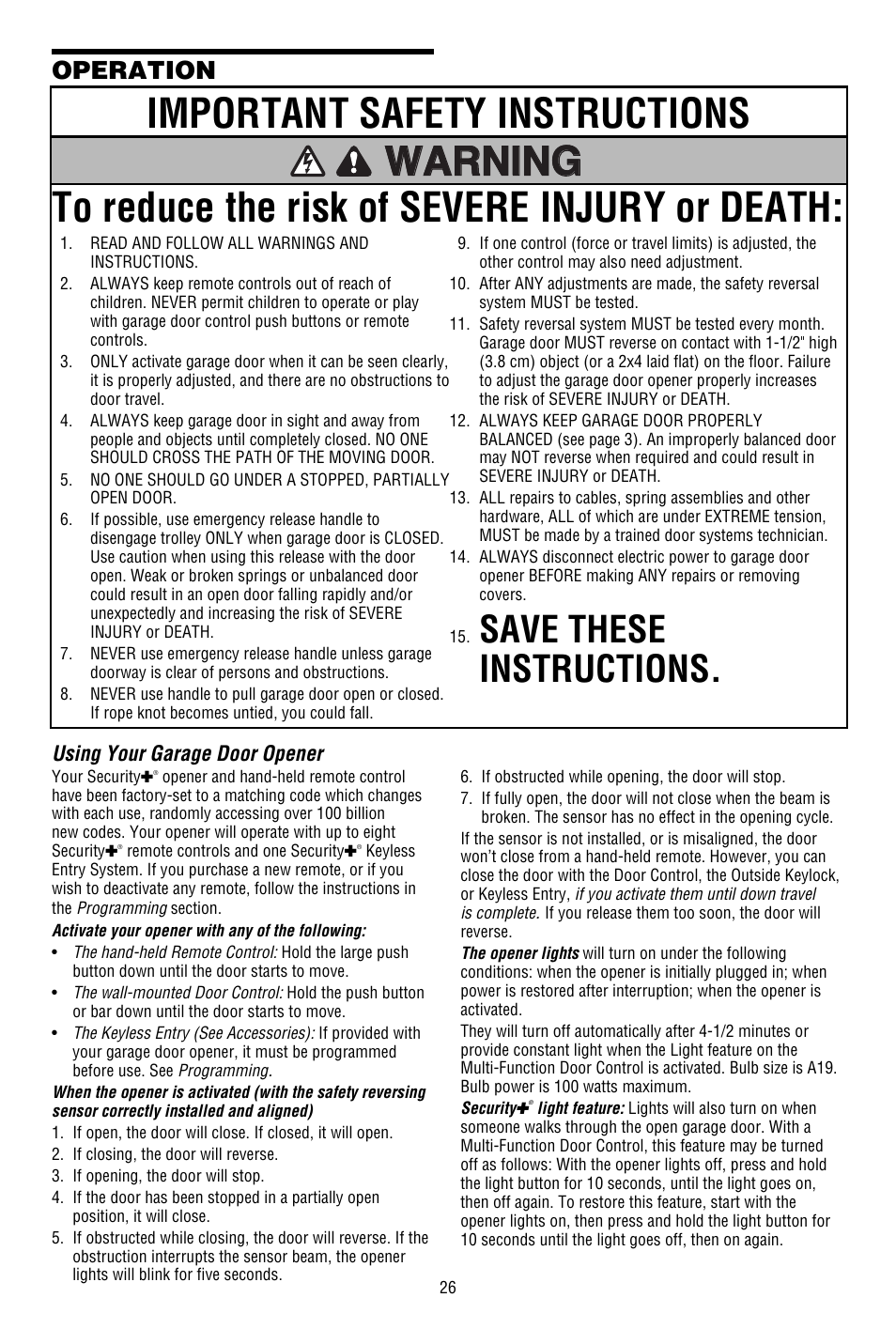 Operation, Using your garage door opener, Save these instructions | Chamberlain 3130M 1/3 HP User Manual | Page 26 / 36