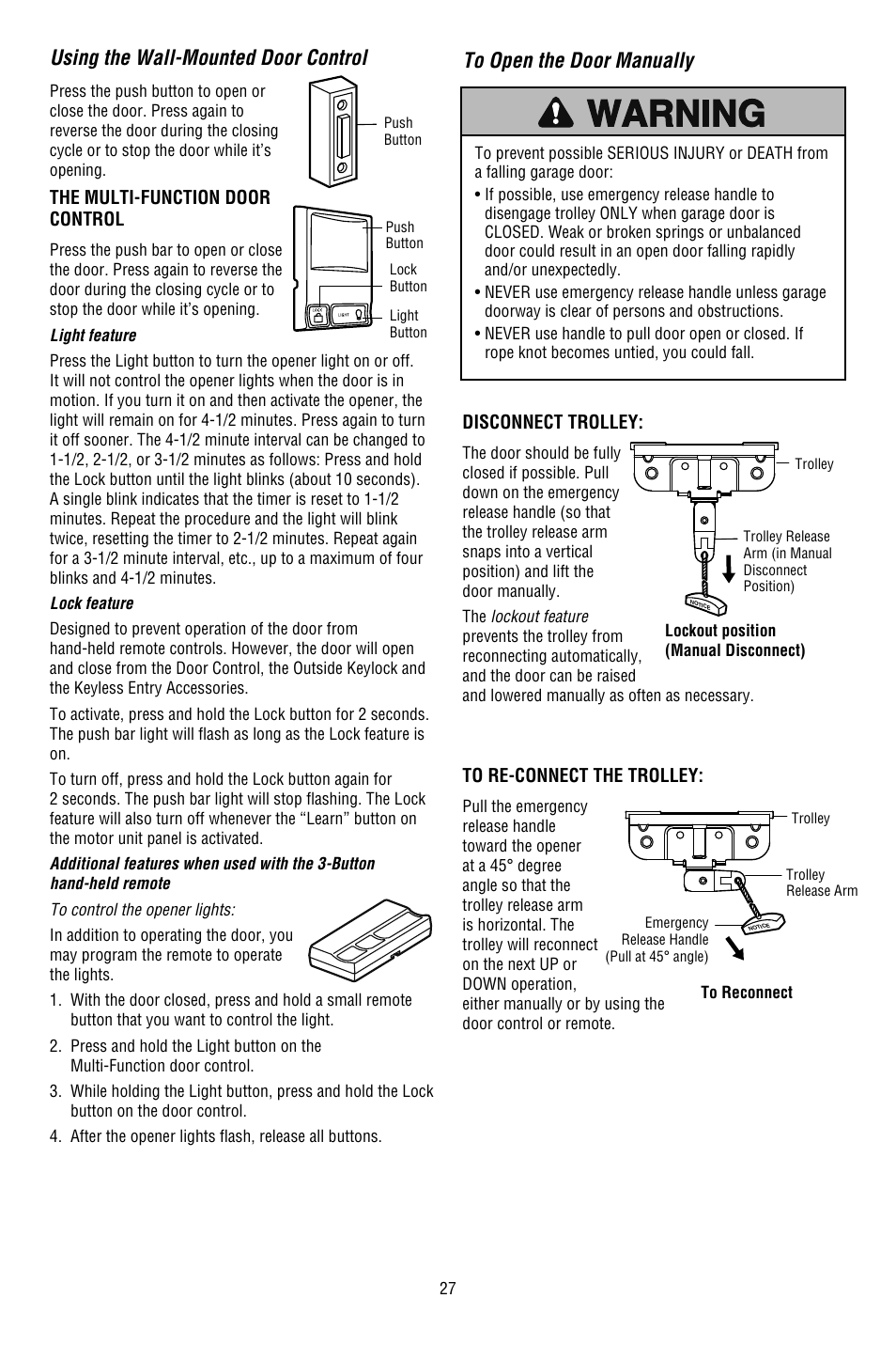 Using the wall-mounted door control, To open the door manually | Chamberlain 3130M 1/3 HP User Manual | Page 27 / 36