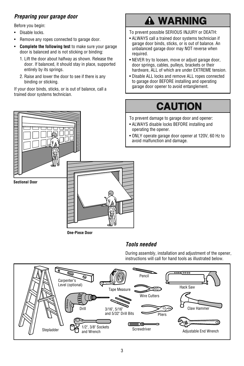 Preparing your garage door, Tools needed | Chamberlain 3130M 1/3 HP User Manual | Page 3 / 36