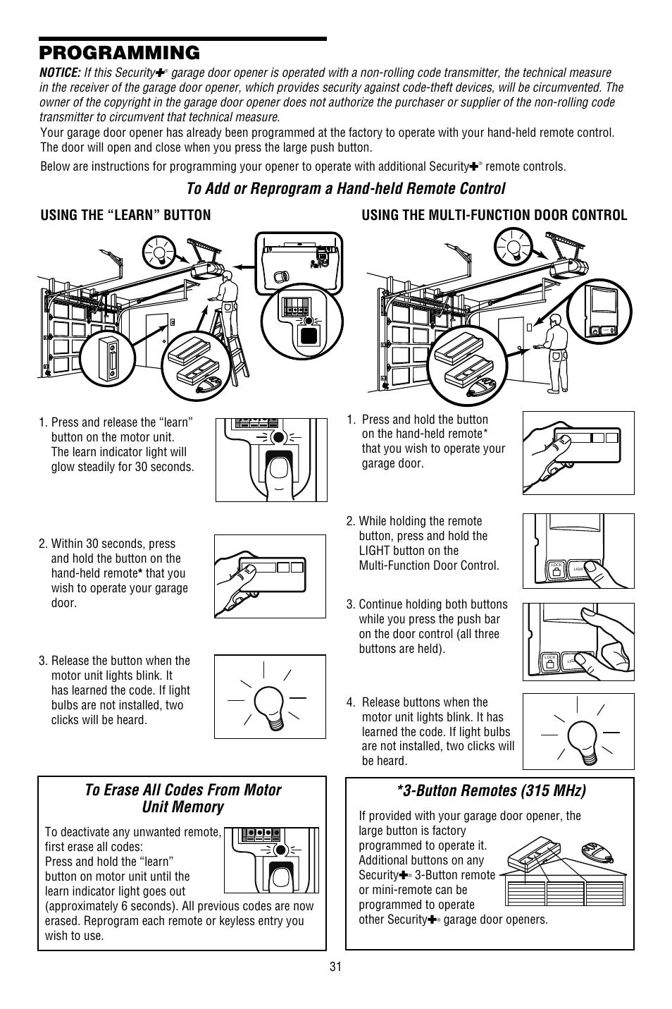 Programming, To erase all codes from motor unit memory, Button remotes | Button remotes (315 mhz) | Chamberlain 3130M 1/3 HP User Manual | Page 31 / 36