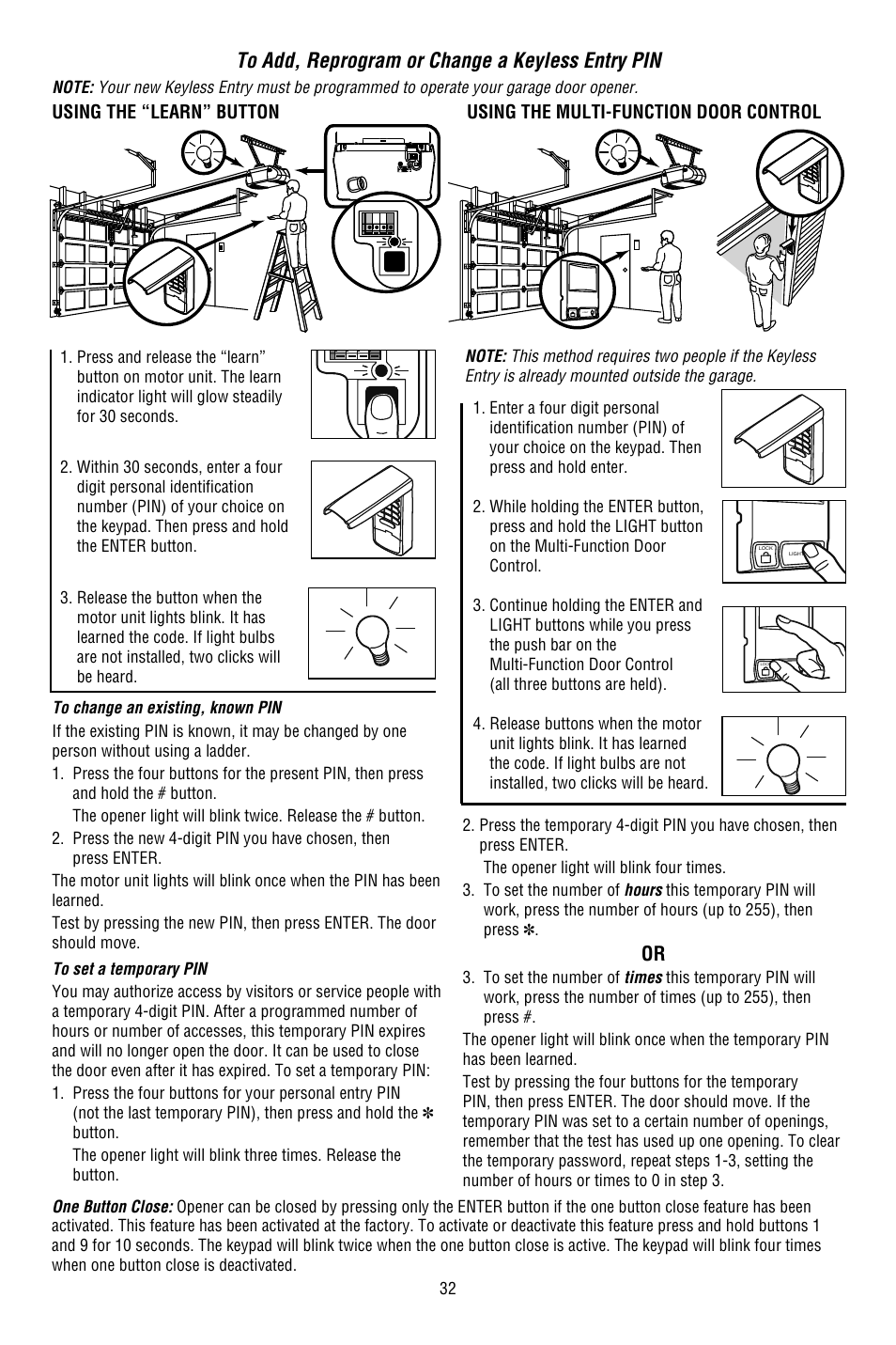 To add, reprogram or change a keyless entry pin | Chamberlain 3130M 1/3 HP User Manual | Page 32 / 36