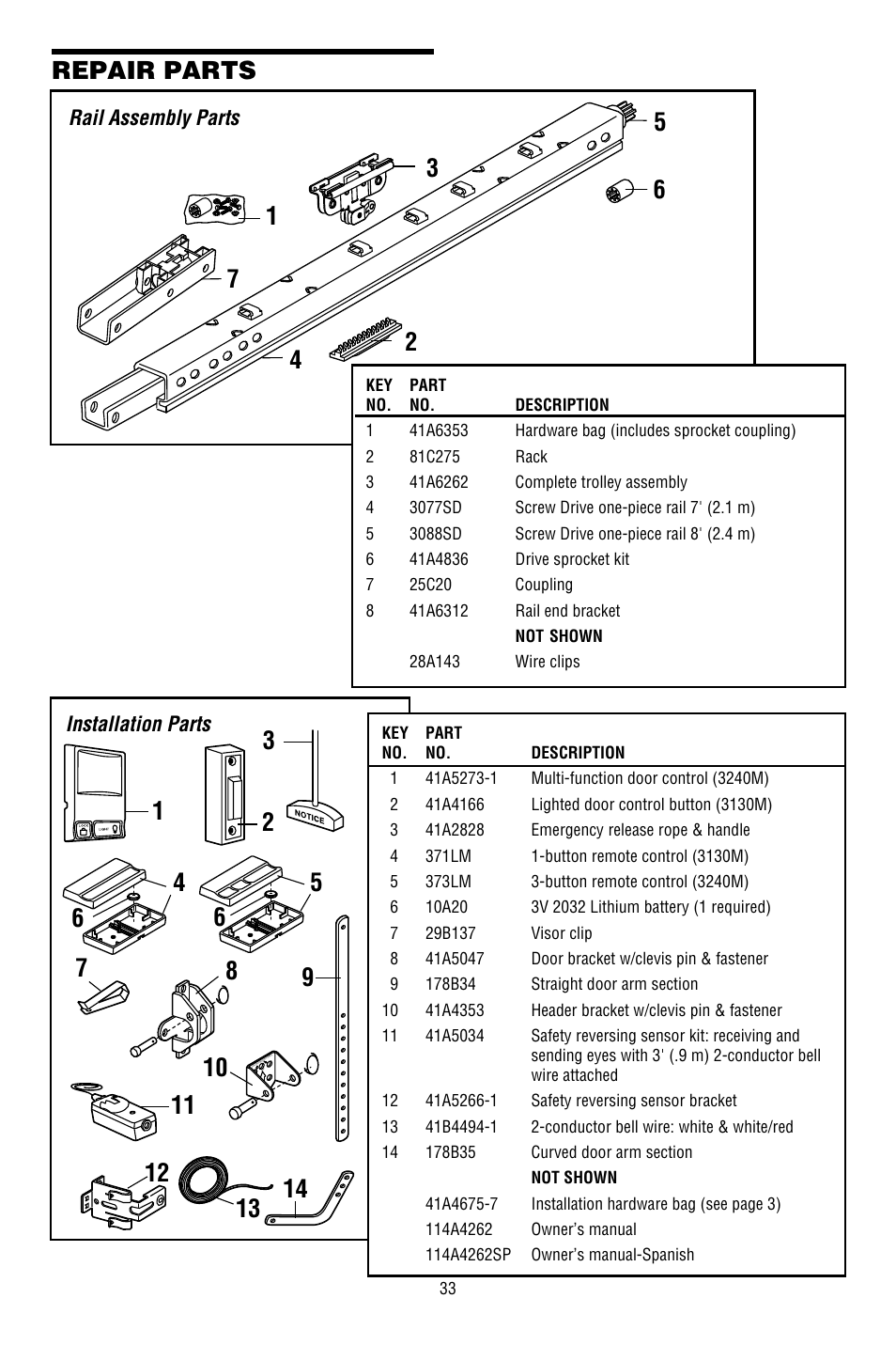 Repair parts, Rail assembly parts, Installation parts | Chamberlain 3130M 1/3 HP User Manual | Page 33 / 36