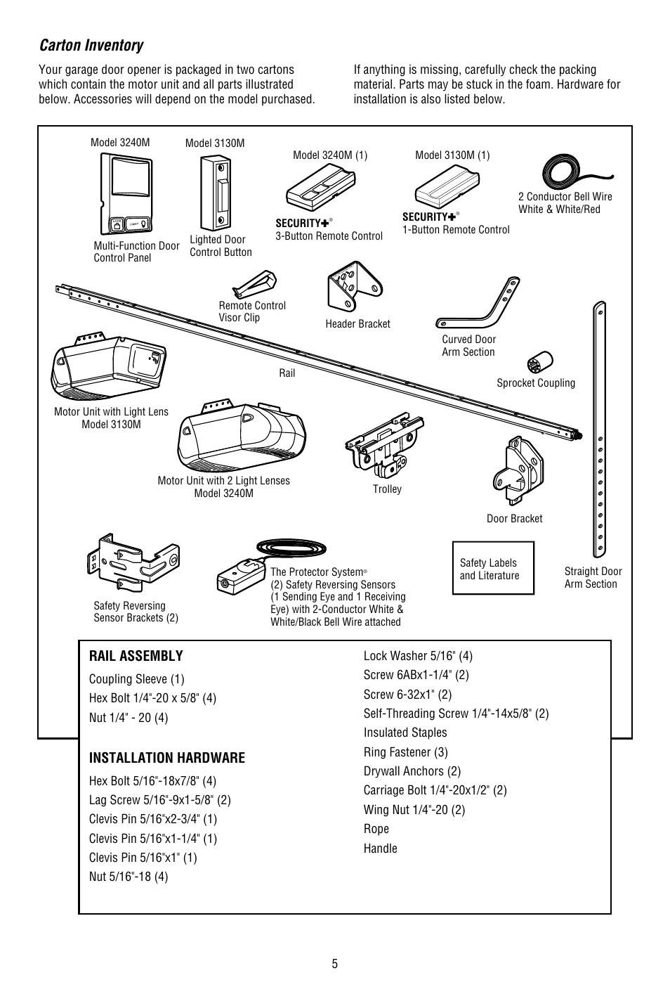 Carton inventory, Rail assembly, Installation hardware | Chamberlain 3130M 1/3 HP User Manual | Page 5 / 36