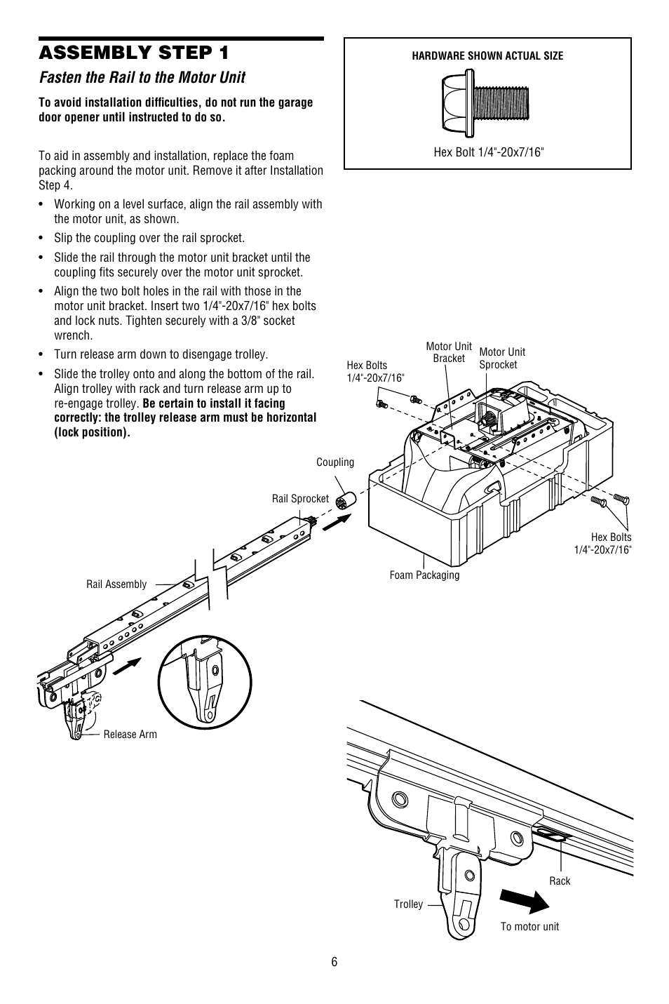 Assembly, Fasten the rail to the motor unit, Assembly step 1 | Chamberlain 3130M 1/3 HP User Manual | Page 6 / 36