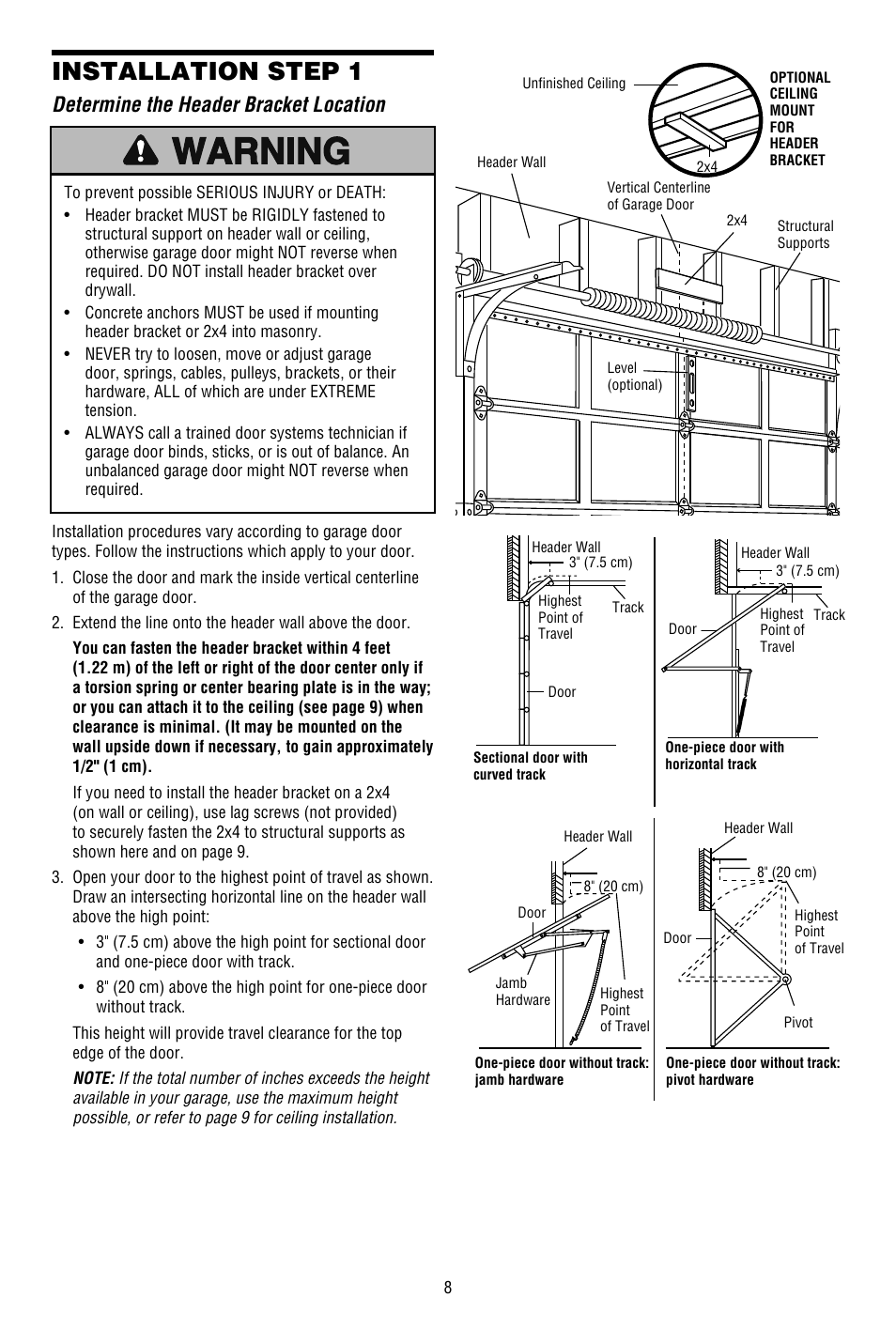 Determine the header bracket location, Installation step 1 | Chamberlain 3130M 1/3 HP User Manual | Page 8 / 36