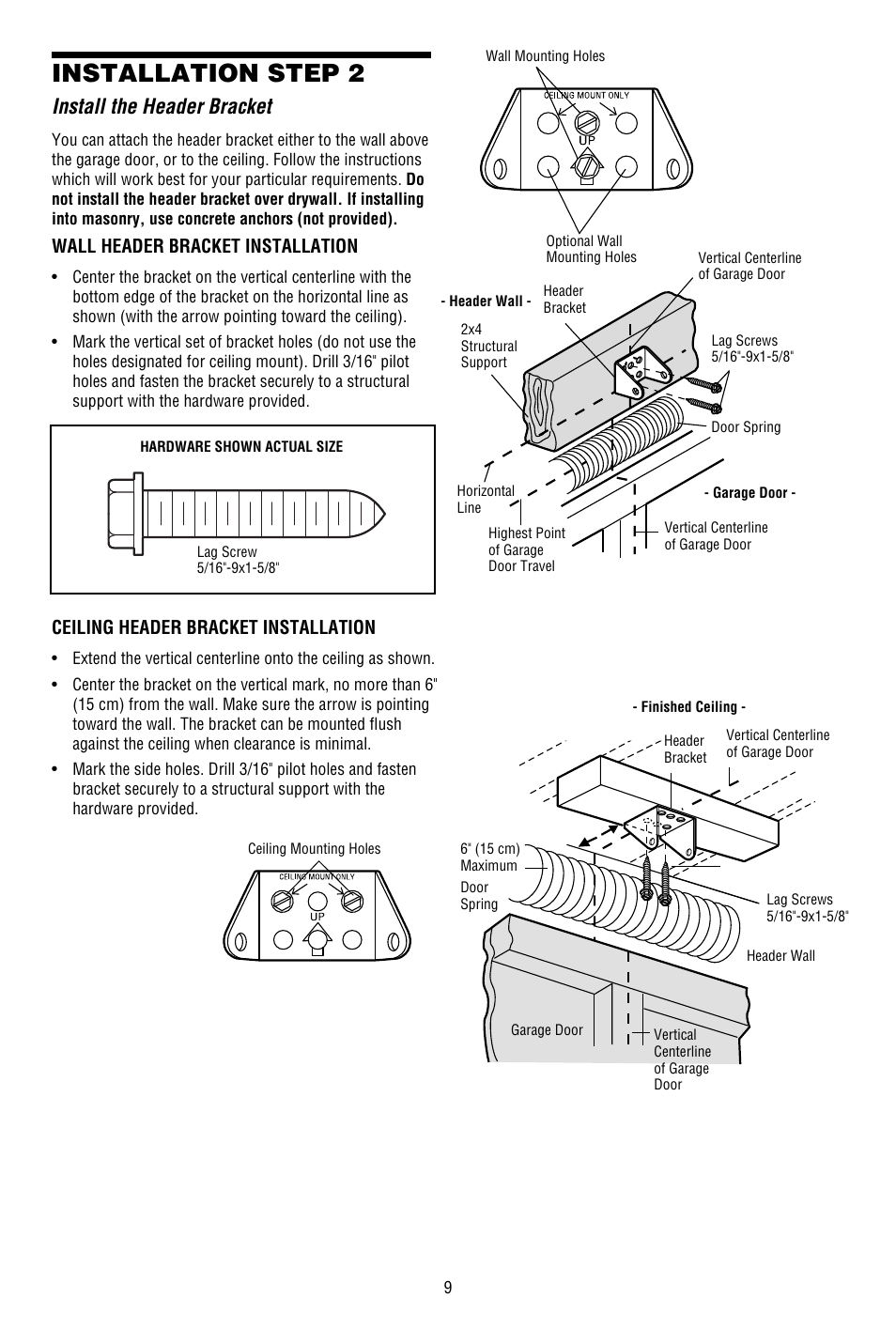 Install the header bracket, Installation step 2 | Chamberlain 3130M 1/3 HP User Manual | Page 9 / 36