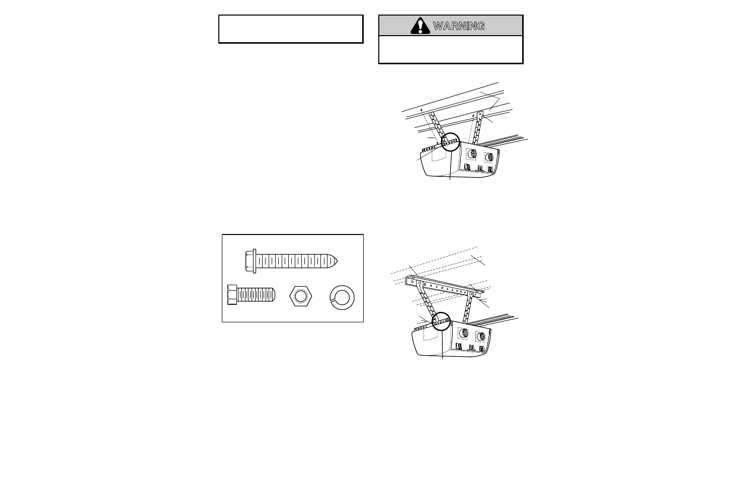 6) hang the opener, Warning, Installation step 6 | Hang the opener, Figure 1 figure 2 | Chamberlain 2000SDC-R User Manual | Page 16 / 36