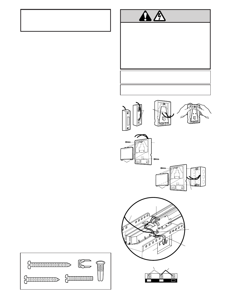 7) install the door control and connect all wiring, Warning, Installation step 7 | Install the door control and connect all wiring, Figure 4, Figure 1 figure 2 figure 3, Hardware shown actual size | Chamberlain 2000SDC-R User Manual | Page 17 / 36