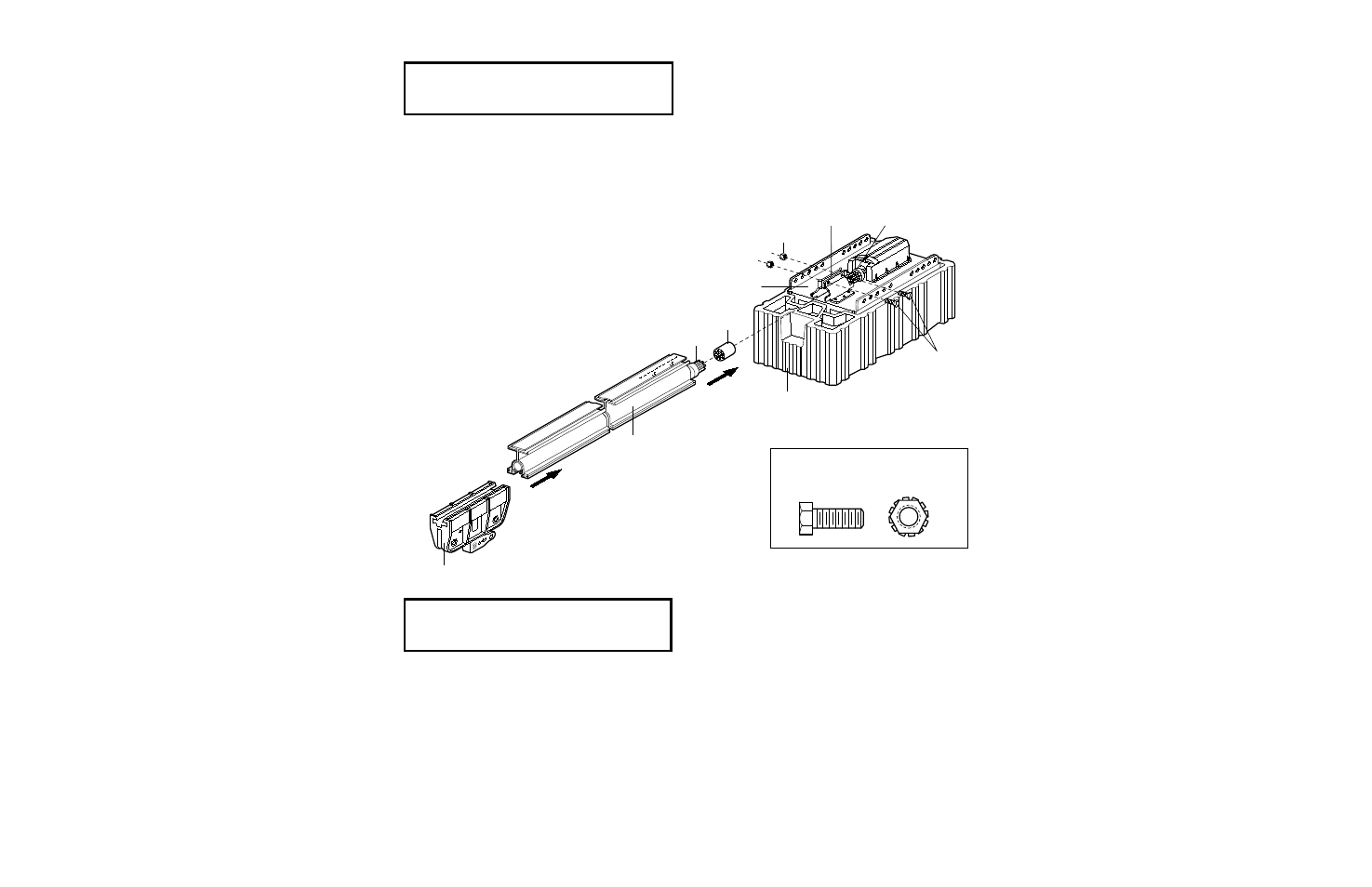 Assembly section, 1) fasten the rail to the power unit, 2) install the trolley | Assembly step 1, Assembly step 2, Fasten the rail to the power unit, Install the trolley | Chamberlain 2000SDC-R User Manual | Page 6 / 36