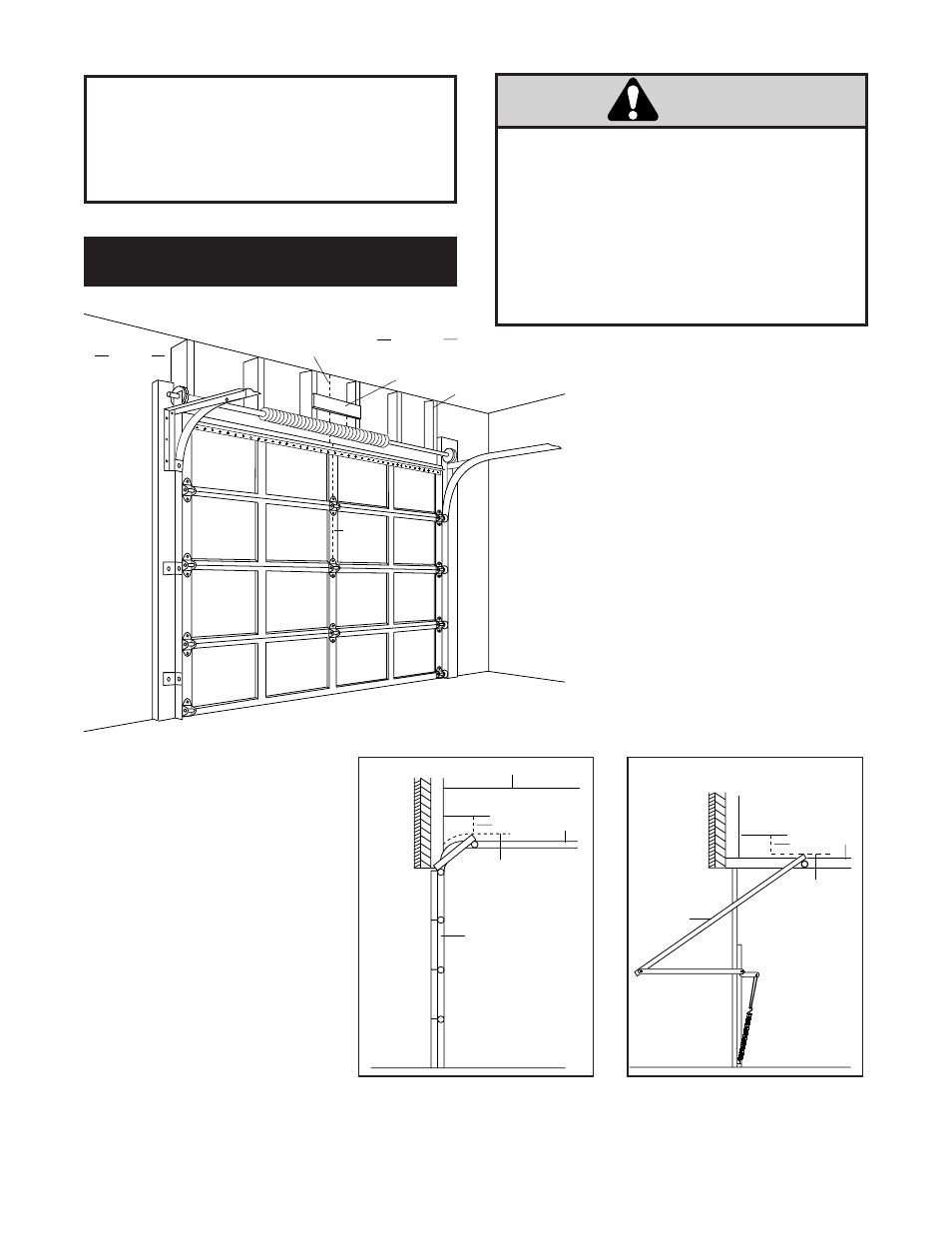 1) determine header bracket location, Sectional door or one piece door with track, Warning | Installation step 1, Determine header bracket location, Proceed to step 2, page 10 | Chamberlain 2000SDC-R User Manual | Page 8 / 36