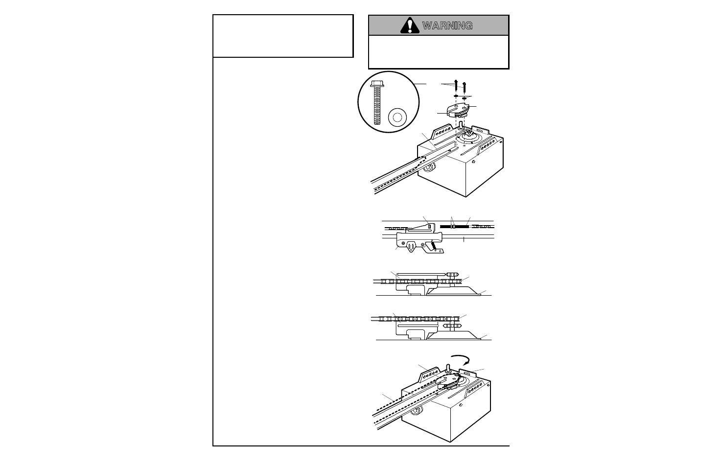 Warning, Assembly step 2, Attach the chain spreader and re-install the chain | Chamberlain 1200 User Manual | Page 10 / 40