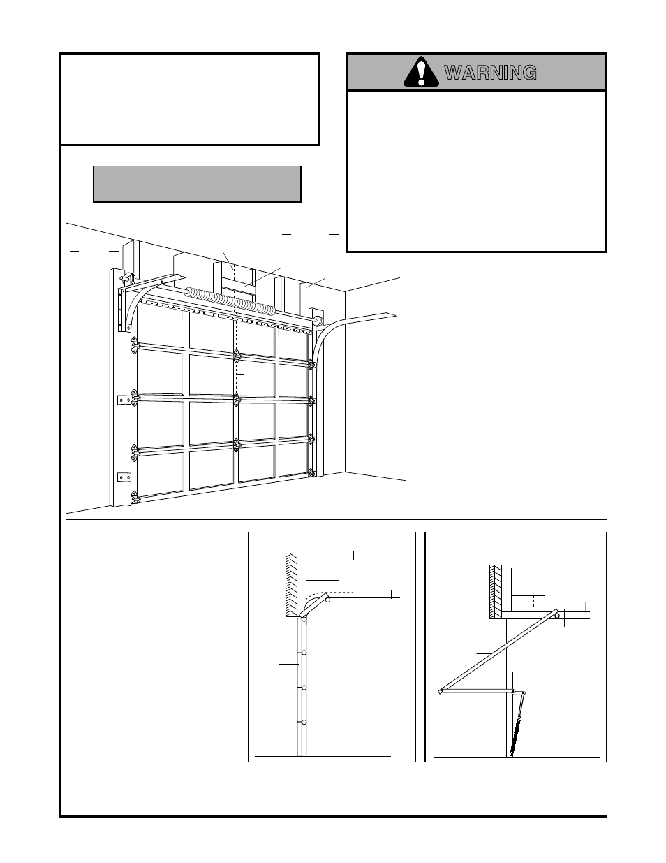 Installation section, Sectional doors & 1 piece door with track, Warning | Installation step 1, Proceed to step 2, page 14, Determine header bracket location | Chamberlain 1200 User Manual | Page 12 / 40